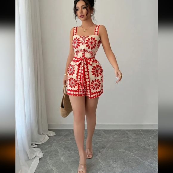 Source Unknown Pants - Floral Red and White Summer Romper